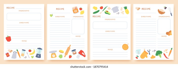 Recipe cards. Pages for culinary book decorated with ingredients and kitchen utensils. Food preparation icons. Cook card template vector set. Place for directions and notes with appliances and product