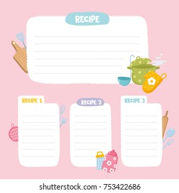 Recipe Cards Set. Cooking Card Template. Culinary Notes Or Sticker With Cute Kitchen Utensils. 