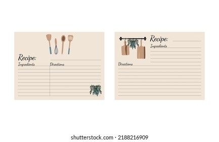 Recipe cards or sheet templates for making notes about meal preparation and cooking ingredients. Empty cookbook pages. Vector illustration.