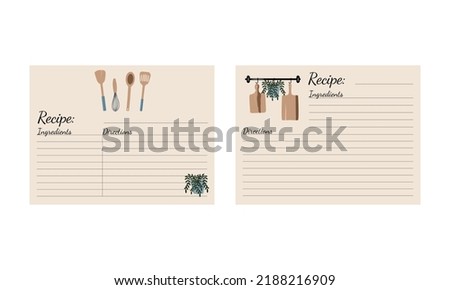 Recipe cards or sheet templates for making notes about meal preparation and cooking ingredients. Empty cookbook pages. Vector illustration.
