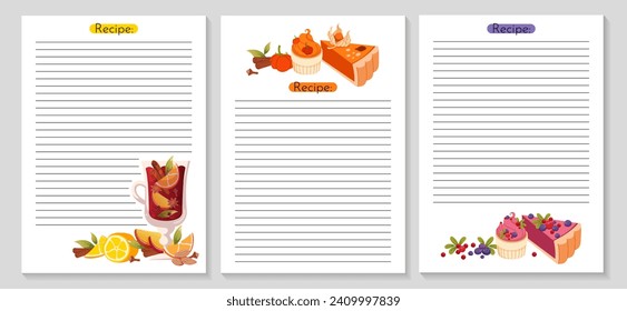 Recipe cards. Template cookbook sheets for recipe, notes on cooking and ingredients. Blank pages cookbook are decorated with Pumpkin and berry pie, mulled wine. Kitchen background. Vector illustration