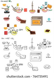 Recipe chocolate Brownie cake vector diy instruction manual illustration sketch meal food