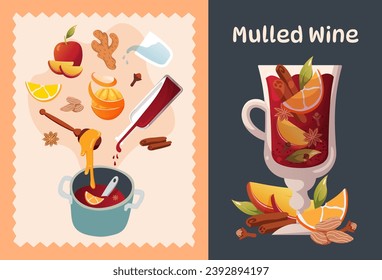 Recipe for Christmas mulled wine. Warming winter drink. Wine, spices, cinnamon, orange, apple. Hand drawn hot drink ingredients set. Print for design of menus and Cookbook. Cartoon vector illustration