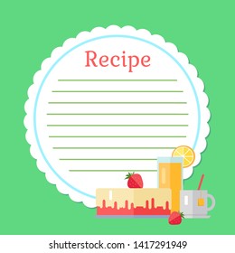 Recipe with clean grapes on green decorated cake with strawberry, fresh orange juice in glass, cup of tea. Empty cookbook with dessert and drink. Cooking recipe step by step instructions, ingredients