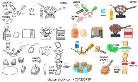Recipe club sandwich vector diy instruction manual illustration sketch meal food