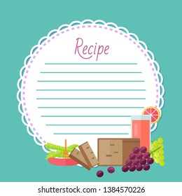 Recipe cookbook, round clean list decorated by fresh juice in glass, bread, sausage and grapes. Colorful fruit and food, flat design style of meal vector