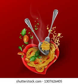 Recipe for cooking pasta. Hot spaghetti with cherry tomatoes, basil, parmesan cheese. Beautiful flying composition on a heart shaped plate. 3d vector illustration on red background.