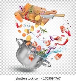 Recipe for cooking soup, vegetable dishes. A carrot, potato, meat, onion, chili pepper, chopped with a knife, spices fall from the board into the pan with a splash of water.