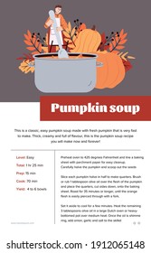 Recipe cooking of vegetable pumpkin soup for thanksgiving dinner. Tiny chef prepare delicious traditional autumn holiday food. Vector colorful illustration.