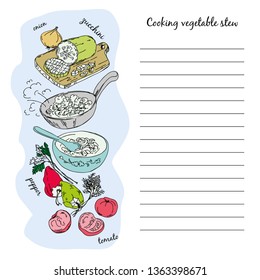 Recipe for cooking vegetable stew, vector illustration drawn by hand