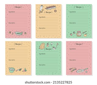 Recipe culinary book pages collection with blank lined place for ingredients and cooking notes, hand drawn doodle style vector illustration isolated on white background.