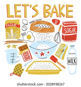 Recipe design with baking essentials. Vector cookbook illlustrations. Homemade bake recipe. Kids cooking template. Hand made pastry banner cute style