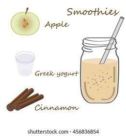 Recipe detox cocktail with apple, Greek yogurt, cinnamon. Vector illustration for greeting cards, magazine, cafe and restaurant menu. Fresh smoothies, detox, fruit cocktail for healthy life, diets