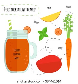 Recipe detox cocktail with carrots, mango. Vector illustration for greeting cards, magazine, cafe and restaurant menu. Fresh smoothies for healthy life, diets.