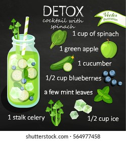 Recipe detox cocktail with cucumber, blueberry, ice, apple, spinach, mint. Vector illustration for diet menu, cafe and restaurant menu. Fresh smoothies, detox, fruit cocktail for healthy life.