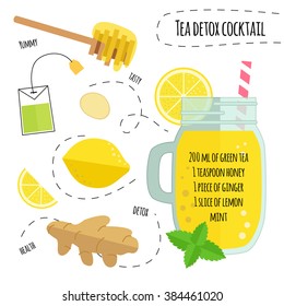 Recipe detox cocktail with green tea, lemon, ginger, honey. Vector illustration for greeting cards, magazine, cafe and restaurant menu. Fresh smoothies, detox, fruit  cocktail  for healthy life, diets