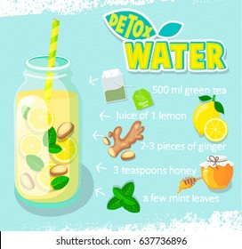 Recipe for detox cocktail with green tea, lemon, ginger, honey, mint. Vector illustration for diet menu, cafe and restaurant menu. Fresh smoothies, detox, fruit cocktail for healthy life.