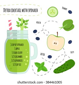 Recipe detox cocktail with with spinach, cucumber, apple, berries, celery. Vector illustration for cards, magazine, cafe, restaurant menu. Fresh smoothies, detox, fruit cocktail for healthy life, diet