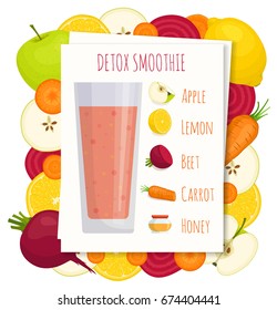 Recipe for detox smoothies. Vector illustration. Dietary cocktail of vegetables and fruits. A delicious drink is healthy. Illustration for restaurants, bars, menu.