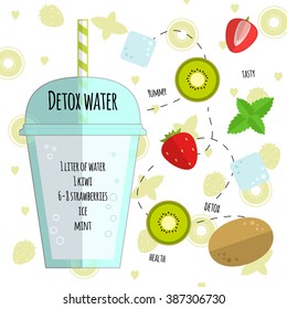 Recipe detox water with kiwi, strawberry, ice, mint. Vector illustration for greeting cards, magazine, cafe and restaurant menu. Fresh cocktail for healthy life, diets.