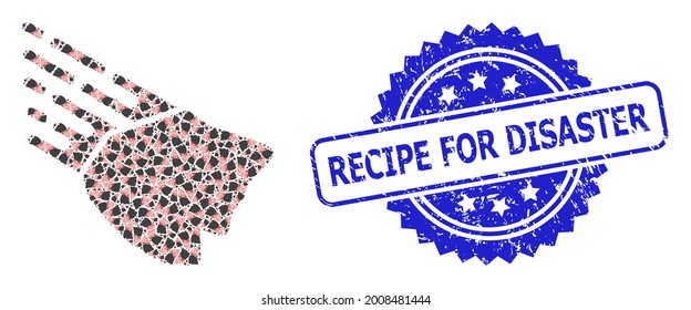 Recipe for Disaster corroded stamp and vector recursive collage falling rock stone. Blue stamp seal has Recipe for Disaster text inside rosette.