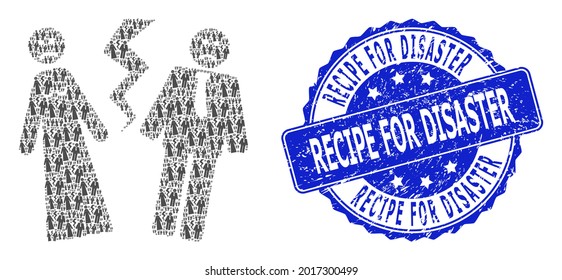 Recipe For Disaster Scratched Round Seal Imitation And Vector Fractal Collage Broken Wedding. Blue Stamp Seal Includes Recipe For Disaster Caption Inside Round Shape.