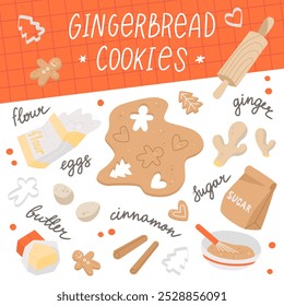 Recipe of gingerbread. Ingredients for cookies. Butter, eggs, flour, cinnamon sticks, sugar and ginger. Cute Christmas vector flat illustrations with lettering. Template for greeting card