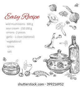 Recipe hand drawn template, vector page menu design, kitchen background, Stylish sketched culinary design elements: pan, mushrooms, bottle with olive oil, peppers and others isolated on white