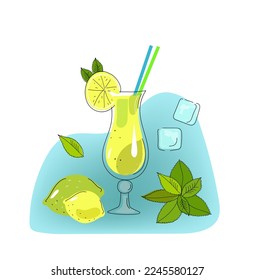 Recipe of homemade mint lemonade, vector  colored doodle hand drawn sketch illustration.