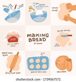 Recipe for homemade pita. Step by step instructions. Bread recipe infographics. Flat vector illustration with lettering.