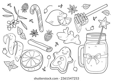 Recipe for a hot drink in the doodle style, hot drink in winter, cafe poster, menu. Set of spices cardamom, cinnamon stick, star anise, honey, ginger, orange. A warming drink. illustration sbiten