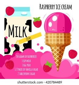 Recipe of ice cream with milk, sugar, raspberries in cone. Vector illustration for cards, magazine, cafe and restaurant menu. 