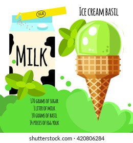 Recipe of ice cream with milk, sugar, basil in cone. Vector illustration for cards, magazine, cafe and restaurant menu. 