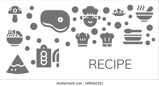 recipe icon set. 11 filled recipe icons.  Simple modern icons about  - Mushroom, Steak, Salad, Chef, Nachos, Cutting board, Soup