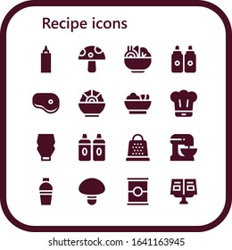 recipe icon set. 16 filled recipe icons. Included Sauce, Mushroom, Salad, Sauces, Steak, Chef, Mayonnaise, Grater, Beater, Shaker, Tomato, Recipe book icons