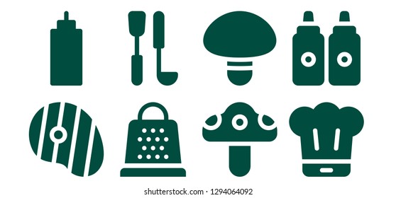  recipe icon set. 8 filled recipe icons. Simple modern icons about  - Steak, Sauce, Grater, Soup ladle, Mushroom, Chef, Sauces
