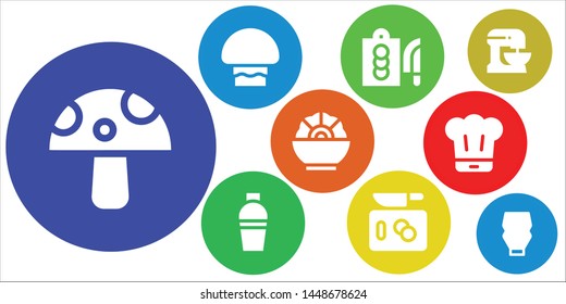recipe icon set. 9 filled recipe icons.  Simple modern icons about  - Mushroom, Cutting board, Shaker, Chop, Salad, Chef, Beater, Mayonnaise