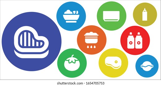 conjunto de iconos de receta. 9 iconos de recetas rellenos.  Iconos modernos sencillos, como: Carne, Ensalada, Sopa, Tomate, Cocina, Salsas, Salsa