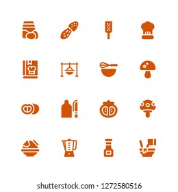 recipe icon set. Collection of 16 filled recipe icons included Mixed, Sauce, Beater, Nachos, Mushroom, Tomato, Cutting board, Cooking, Cook, Grater, Ingredients