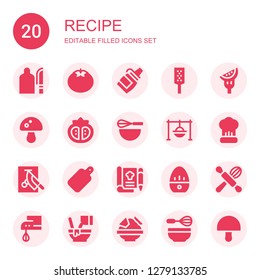 recipe icon set. Collection of 20 filled recipe icons included Cutting board, Tomato, Sauce, Grater, Mushroom, Beater, Cooking, Chop, Recipe, Kitchen timer, Mixed, Nachos, Whisk