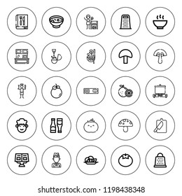 Recipe icon set. collection of 25 outline recipe icons with boiled, chef, cutting board, cookbook, cooking, grater, lime, homemade, kitchen, mushroom icons. editable icons.