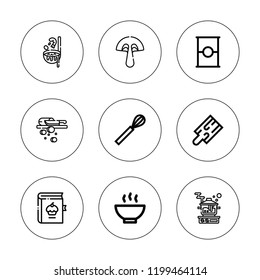 Recipe icon set. collection of 9 outline recipe icons with boiled, cutting board, mushroom, recipes, soup, tomato icons. editable icons.