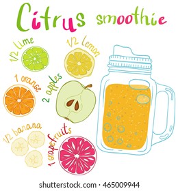 Recipe illustration smoothie (cocktail) with lime, lemon, orange, apple, banana, grapefruit. Vector hand drawn illustration for recipe books, magazines, menu. Scandinavian style