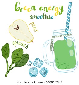 Recipe illustration smoothie (cocktail) with pear, spinach, ice. Vector hand drawn illustration for recipe books, magazines, cafe, restaurant menu, cards, flyers. Scandinavian style