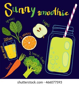 Recipe illustration smoothie (cocktail) with spinach, oranges, apples, orange juice, broccoli, carrots. Vector hand drawn illustration for recipe books, magazines, menu. Scandinavian style
