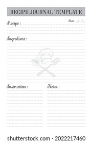 Recipe journal, Daily food journal, Printable Menu Planner, Recipe List .Recipe card and Meal Planner printable template Vector. Daily food journal.