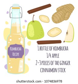 Recipe kombucha detox cocktail with apple, ginger, cinnamon. Vector illustration for greeting cards, magazine, cafe and restaurant menu. Fresh tea lemonade for healthy life, diets.