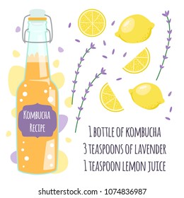 Recipe kombucha detox cocktail with lemon, lavender. Vector illustration for greeting cards, magazine, cafe and restaurant menu. Fresh tea lemonade for healthy life, diets.
