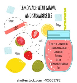 Recipe of lemonade with strawberry, sugar, guava, lemon, ice. Vector illustration for greeting cards, magazine, cafe and restaurant menu. Fresh cocktail, lemonade for healthy life, diets.