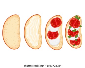Recipe for making a sandwich with pocherella and tomato. Bruschetta. Healthly food. Vegetarianism. Simple drawing in cartoon style. Vector illustration.